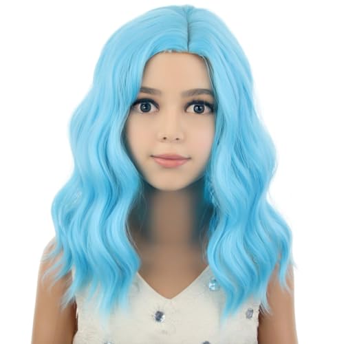 Image of PATTNIUM Kids Blue Wig Short Wavy Wig Light Blue Wig for Kids Cosplay Halloween Party Costume Heat Resistant Synthetic Wig for Girls (Light Blue)