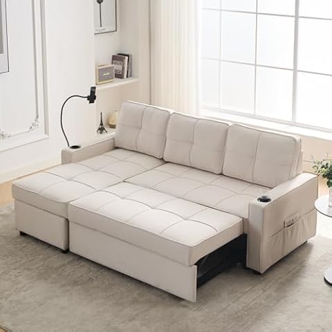 Bumblr Sleeper Sofa Couch with Pullout Bed for Living Room, Modular Sectional Sofa Bed with Storage Chaise, 3 Seater L Shape Couch with Cup Holders, USB Port and Phone Holder, Beige Cover