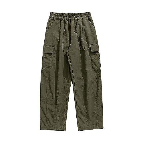 Men's Wild Cargo Pants Casual Tactical Pant Elastic Waist Stretch Drawstring Flap Pockets Relaxed Fit Hiking Trousers (Green,Medium)