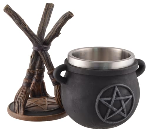 Hexenkelch auf 3 Besen, Pentagramm, entnehmbarer Stahleinsatz