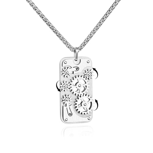 Stainless Steel Mechanical Rotatable Gear Pendant Necklace for Kids & Adults Fidget Jewelry for Anxiety Relief Stress Steampunk Cyberpunk Accessories for Men Boys Teens Gifts for Son Brother