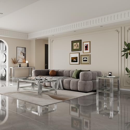Minheola GLASS CONSOLE TABLE Modern Entryway Table With Silver Stainless Steel Leg, 2-Tier Narrow Console Table With Storage, Long Sofa Table Behind Couch,Hallway Table For Living Room Foyer Entrance thumb #6