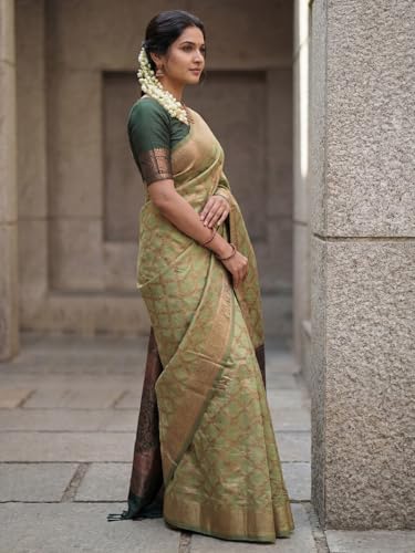 Image of AKHILAM Women's Kanjivaram Woven Soft Silk Saree With Blouse Piece