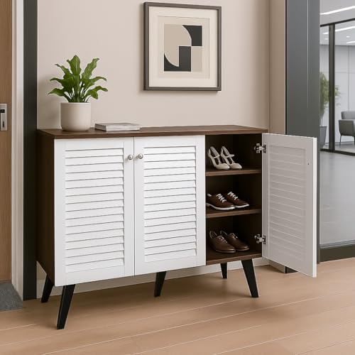 Image of LERIMO 3-Door Engineered Wood Shoe Rack, 6-Tier Wooden Shoe Rack for Entryway, Shoe Storage Cabinet with Doors Adjustable Shelves, Wooden Shoes Rack Organizer (Wotan Oak-White, 3 Door)