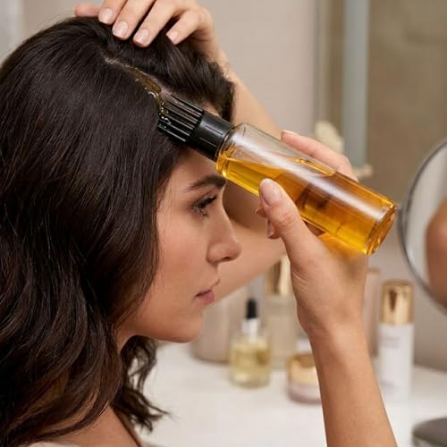 Image of Hian Hair Oil Applicator Bottle with Comb Tip & Two Flip Caps | 100 ml, Pack of 2 (Black) | Transparent Refillable Plastic | Root Care & Mess-Free Scalp Application | For Easy Oil & Shampoo Dispensing