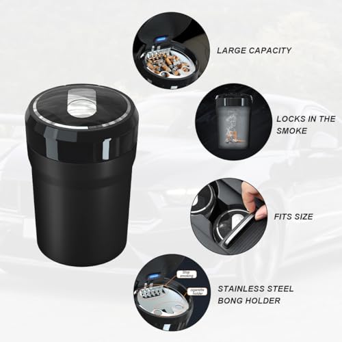 Image of DXNQ Car Ashtray with Lid, Easy Clean Up Detachable Smokeless Ashtray with LED Blue Light, Portable Mini Ash Tray Cup Holder for Car Home Office Travel, Interior Auto Accessories (Black, Larger)