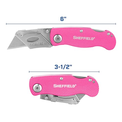 Image of Sheffield Lock Back Utility Knife 3 Pack with 10 Utility Knife Blades | Box Cutter with Aluminum Texture Grip Handle, Features Pocket Clip, Patented Quick Change Utility Blade Mechanism