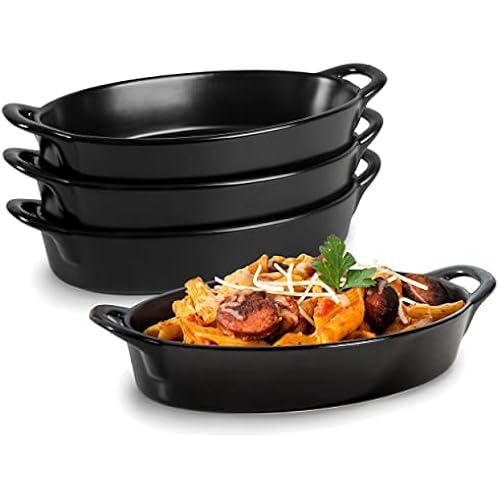 Oval Au Gratin Baking Dishes for Oven Safe and Microwave Cooking and Baking, 4 Pc. Set, Heat Resistant Ceramic with Handles for Serving, Small Mini Casserole Dish, 8" x 5", 16 oz, Matte Black