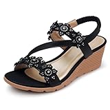 SHIBEVER Wedge Sandals for Women Bohemia Elastic Ankle Strap Sandals Open Toe Flower Rhinestone Summer Platform Shoes Sandal Black 11