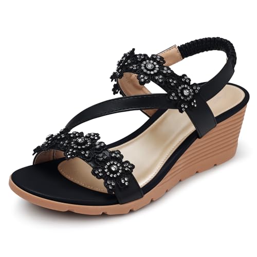 Image of SHIBEVER Womens Wedge Sandals: Well-Cushioned and Support for Comfortable | Low heel, Adjustable Back Strap, Flower, Open Toe Dress Platform Strappy Shoes for Dressy and Casual Summer Size 5-11