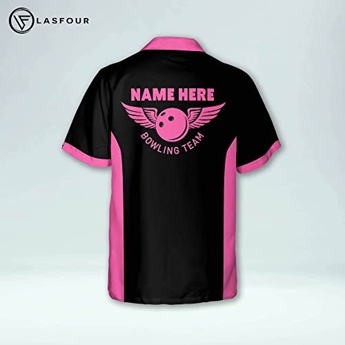 Lasfour Personalized 3D Heartbeat Pulse Line Pink Bowling Shirts For Women Retro, Custom Women's Short Sleeve Button Down Bowling Shirts Hawaiian With Name, Bowling League Shirts For Women #TOP2