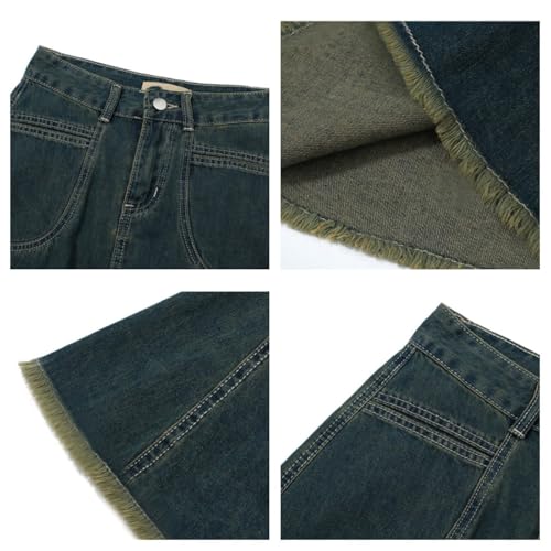 Women's Raw Edge Denim Skirt Retro Irregular Flowing Hem Front Slit Loose Casual Long Jeans Skirt with Pockets4