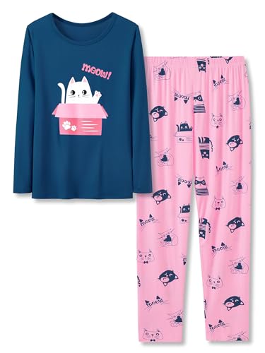 Tebbis Cute Cat Pajamas for Girls Modal Fiber Long Sleeve & Pants Pj Set Tween Size 6-18