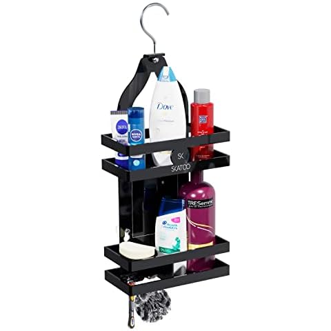 SKATCO Black Hanging Shower Caddy Organiser - Acrylic Rust-Proof 2-tier Shower Shelf No-Drilling-Just-Hanging Bathroom Shelf - Smart Bath Storage Rack With Soap Holder/Hooks - Holds Shampoo, Razor Cover