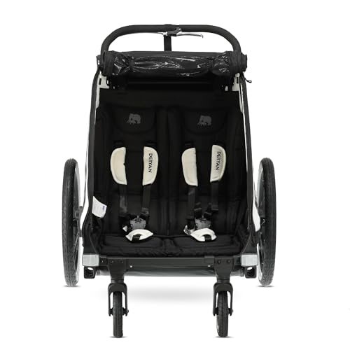 Miniatura 7 de Deryan 2 En 1 Remolque De Bicicleta Y Jogger Para 2 Niños, Carrito Infantil Multifuncional, Plegable, Suspensión, Barra De Empuje Ajustable, Cinturones De Seguridad, Reflectores, Gran Espacio, Crema