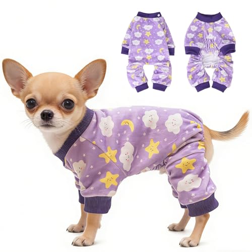 Image of BEAUTYZOO Dog Pajamas, Soft Stretchy Fleece Puppy Sweater for X-Small Dogs | Velvet Jumpsuit for Girl Boy Puppies, Breathable Pet Pjs, Warm Jammies Onesies in Cold Weather, Moon and Stars, Purple XS