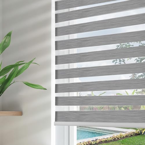 Joydeco Cordless Zebra Blinds for Windows, Dual Layer Free-Stop Zebra Shades Privacy Light Control for Day and Night, Light Filtering Sheer Blinds for Indoor Windows, Kitchen (Grey, 45" W x 75" H)