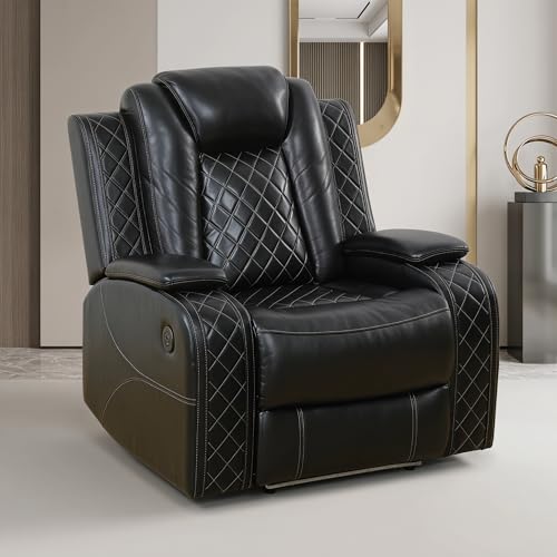 Image of Power Recliner Chair, Breathable Leather Recliners with USB Charging Port, Electric Recliner Sofa with Adjustable Backrest, Padded Armrest for Home Theater, Living Room, Office, Black