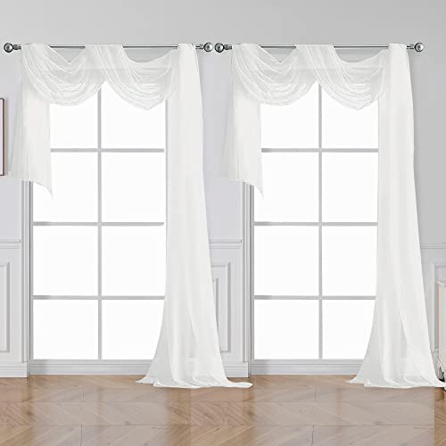 Image of OVZME White Sheer Window Curtains 144 inch Extra Long 2PCS, Airy Scarf Drapes Backdrop Translucent Window Treatments for Canopy Bed /Wedding /Living Room /Bedroom /Anniversary, 12FT L