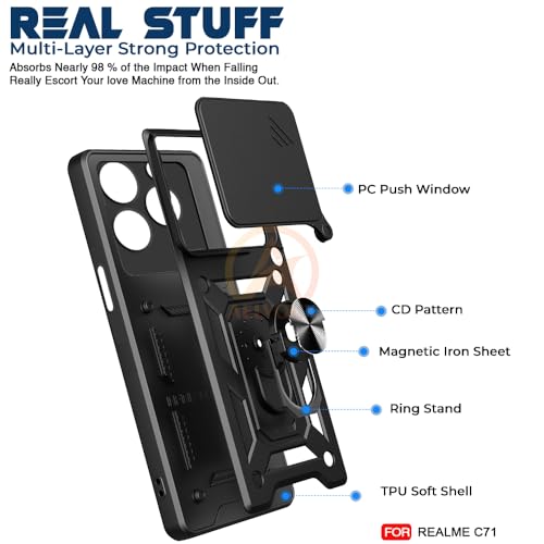 Image of Armor Bumper Back Cover Case for Realme C71 Rotating Camera Cover, Ring Holder & Kickstand | Heavy Duty & 360 Degree Protection Realme C71 Back Cover (Black)