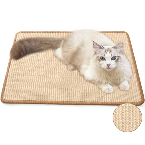 FUKUMARU Cat Scratcher Mat, 23.6 X 15.7 Inch Natural Sisal Cat Scratch Mats, Horizontal Cat Floor Scratching Pad Rug with Sticky Tapes, Protect Sofa and Carpet
