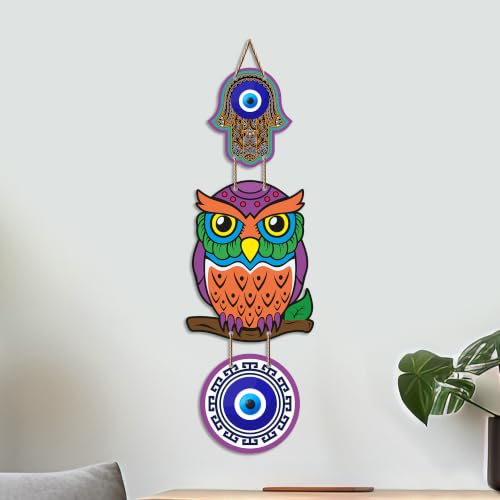 Image of Artvibes Decorative Owl Evil Eye Wall Hanging for Home Entrance | Nazar Battu MDF Wall Decor for Positive Energy | Lucky Owl Vastu Wall Art for Living Room | Bedroom | Hallway | Gift Item (WH 8523N)