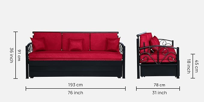 Image of 3 Seater Metal Sofa Cum Bed with Hydraulic Storage | Sofa Set for Living Room, Bedroom, Guest Room| Queen Size Convertible Sofa Bed | Comfortable Seating Sofa Red & Black