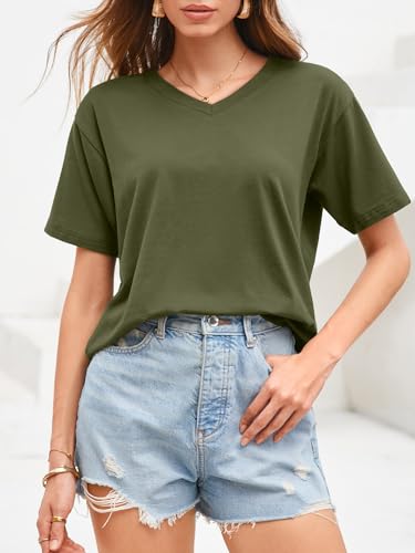 UNCLECAT Women Cropped T Shirts Casual Short Sleeve V Neck Crop Tops 2026 Summer Soft Loose Basic Tee Army Green — view 4