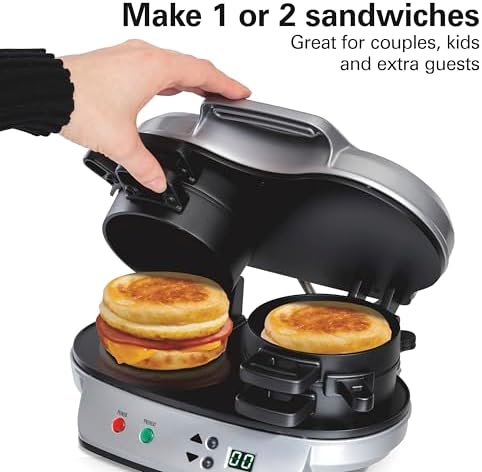 Hamilton Beach Dual Breakfast Sandwich Maker with Timer, Ready in 5 Minutes, Removable Dishwasher Safe PFAS-Free Non-Stick Egg Cooker Ring, Silver (25490C)