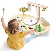 7 in 1 Baby Drum Kit, Kids Drum Kit with Xylophone, Wind Chime & Cymbal, Wooden Musical Instruments Toys, Musical Toys for 1-3 Year Old Toddlers, Birthday Gifts for Boys & Girls