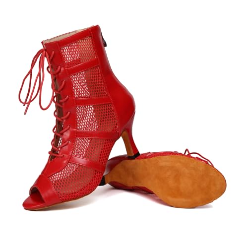 Image of AOQUNFS Women Ballroom Dance Shoes Lace-up Open Toe Ankle Boots Salsa Latin Dance Heels