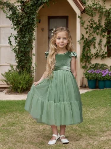 Velvet Tulle Flower Girl Dress for Wedding Kids Round Neck Princess Pageant Dress Boho Bow-Knot Long Prom Ball Gowns2