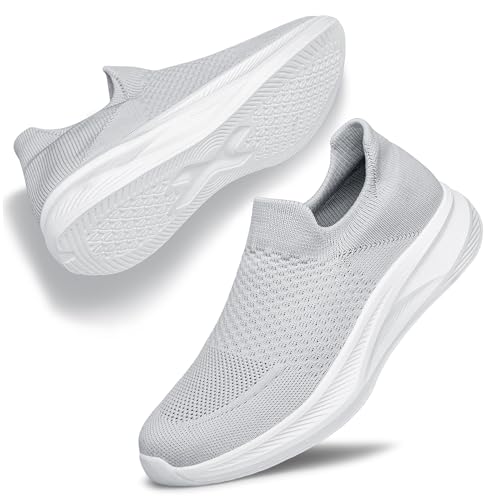 Women's Slip On Walking Shoes Running Comfortable Tennis Breathable Non Slip Athletic Gym Workout Cross Training Fashion Sneakers Light Grey Size 7.5
