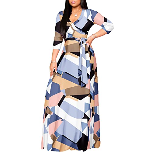 Aomoni Women's Maxi Floral Print Casual 3/4 Sleeve V-Neck Wrap Tie Waist Long Dress Geometric Blue Medium #TOP1