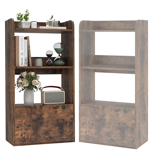 HOMASIS Librería con 3 Niveles y cajones, Estantería de pie Abierta de Madera, Estantería de Almacenamiento antivuelco para salón, Oficina, Cocina, 55 x 29 x 105 cm (Marrón)