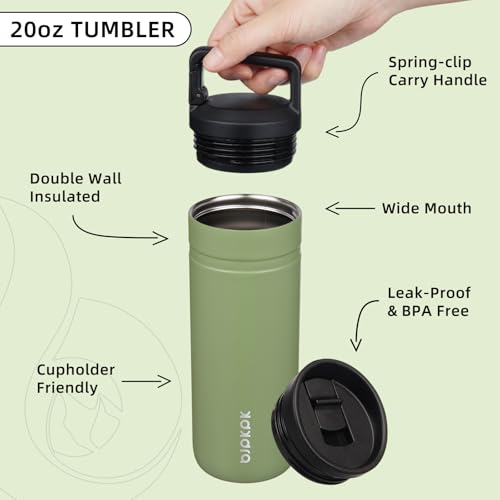 Image of BJPKPK 20 oz Insulated Travel Water Bottle, Coffee Tumbler Stainless Steel | Double Wall Vacuum, Leakproof, Thermal, Keeps Hot /Cold, Dishwasher Safe, Spill Proof, Wide Mouth, 2 Lids, Forest Green