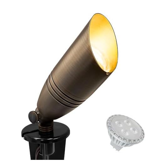 GKOLED UL Listed Solid Brass Landscape Spotlight, Low Voltage Outdoor Directional Uplight, with 5W MR16 LED Bulb & Large Rugged Slot Spike, 12V AC/DC Garden Patio Spot Up Light