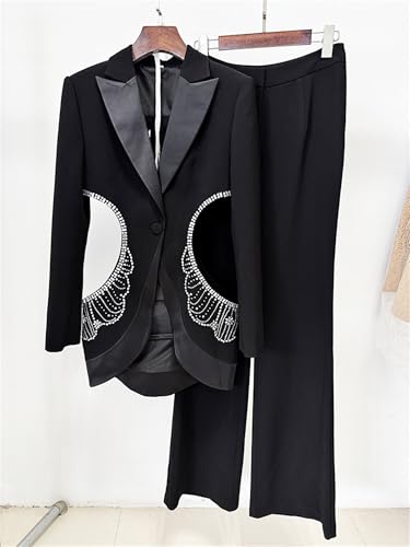 Women's Designer Suit Set Hollow Out Luxury Diamond Crystal Lapel Blazer Pants Set Chic Female 2 Piece Sets3