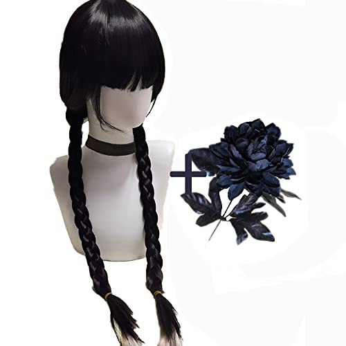 Wednesday Addams Wig Costume Long Black Braided Bangs Wigs G