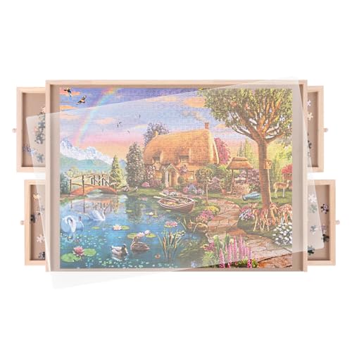 Ruication Jigsaw Puzzle Board Wooden Jigsaw Board Smooth Fiberboard Work Surface Puzzle Plate for 1000 pieces 4 Sliding Drawers Storage System For Adults Gift