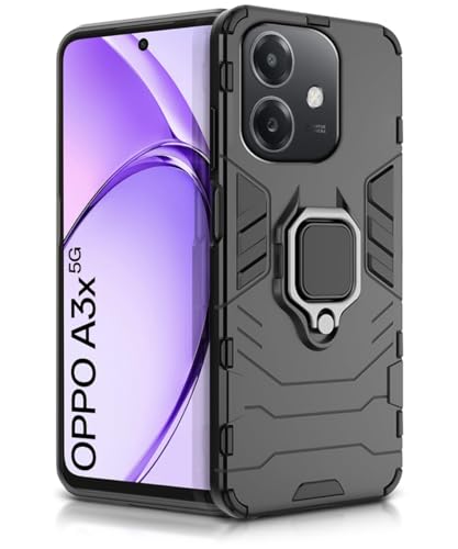 Image of WOW IMAGINE Shock Proof Back Case Mobile Cover for Oppo A3x 5G | A3x 4G | A3 5G | Back Cover Case (Tough Armor | Hybrid PC + TPU | Ring Holder & in-Built Kickstand | Black)