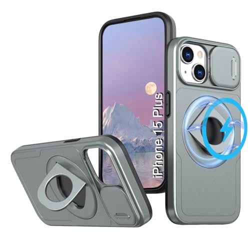 Image of LuxuryKase MagSafe Shockproof Rugged Back Case for iPhone 15 Plus | Finger Ring Kickstand & Sliding Camera Cover | Military Drop Protection | Wireless Charging Support - Grey