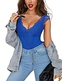 Aranmei Bodysuit for Women Sexy Lace Body Suit Sleeve Ladies Sexy Leotard Top with Snap Closure Going Out Casual Top Bodysut, Royal Blue, L