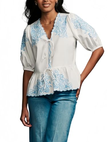 Women Tie Front Blouse Floral Embroidered Shirt Summer Tie Front Short Top Puff Sleeve Babydoll Peplum Ruffle Hem