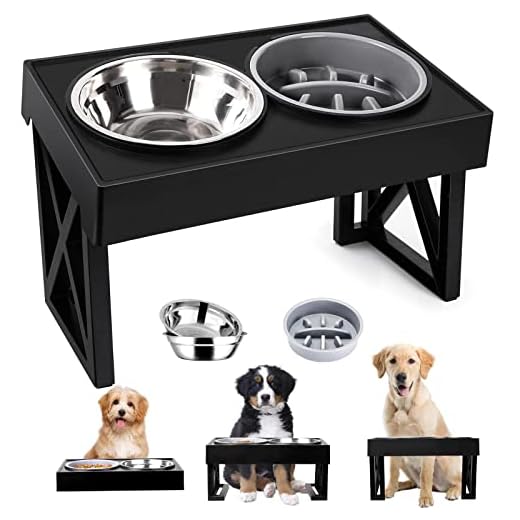Elevated Dog Bowls for Large Dogs, Medium and Small, 15° Tilted Adjustable Raised Dog Bowl Stand with 1 Slow Feeder Dog Bowl & 2 Stainless Steel Dog Bowls,Elevated Slow Feeder Dog Bowls