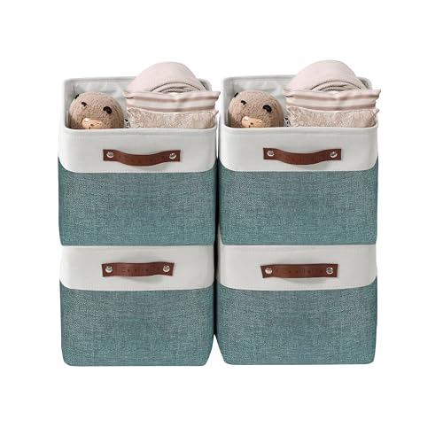 Image of DECOMOMO Foldable Storage Bin Collapsible Sturdy Cationic Fabric Storage Basket Cube W /Handles for Organizing Shelf Nursery Home Closet (Green and White, Large - 15 x 11 x 9.5-4 Pack)