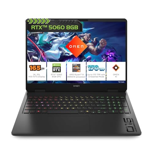 Image of HP Omen, AMD Ryzen 9 8940HX, 8GB RTX 5060, 24GB DDR5(Upgradeable) 1TB SSD, 165Hz, 2k WUXGA, 3ms, 400 nits, 16'' /40.6cm, Win11, M365* Office24, Black, 2.44kg, ap0181AX, Omen AI, RGB, AI Gaming Laptop