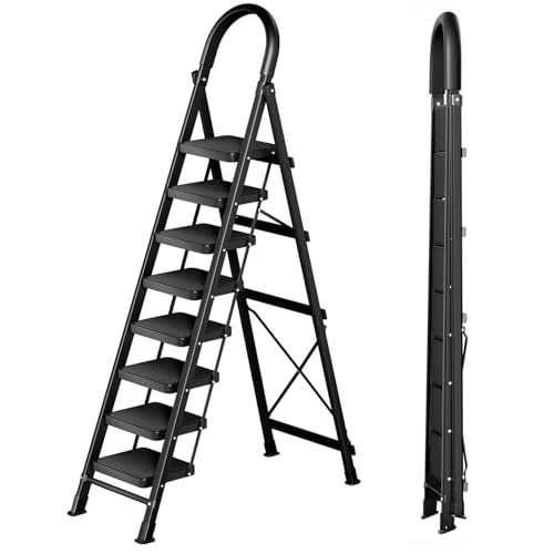 Image of 8 Step Folding Ladder,200lbs Portable Sturdy Carbon Steel Ladder for Home & Kitchen Use,Heavy - Duty Step Stool with Anti - Slip Pedal and Handrails,Black