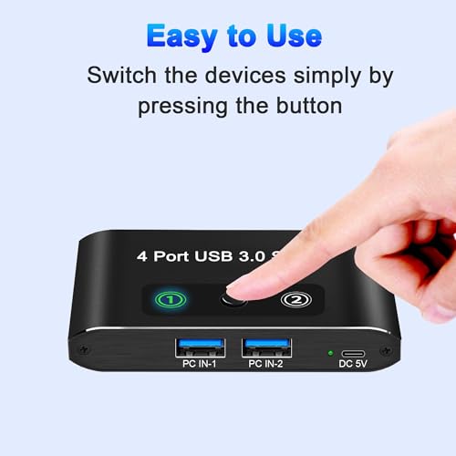 Image of USB Switch, USB Switcher 2 Computers, USB 3.0 Switch Sharing 4 USB Devices KVM Switcher Box for PC, Printer, Scanner, Mouse, Keyboard with 2 Pack USB Cable, Compatible with Mac /Windows /Linux