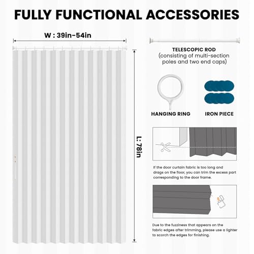 Image of AJAZZ Blackout Magnetic Door Curtain with Curtain Rods 39-52 in Length Accordion Door Closet Door Curtain Invisible Applicable Bedroom Room Living Room Doorway (1 Panel, 54 W x 78 L, White)